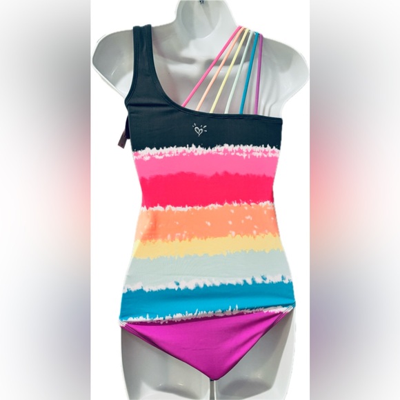Justice Girl’s One-Piece Swimsuit with Rainbow Spaghetti Straps - Picture 2 of 8